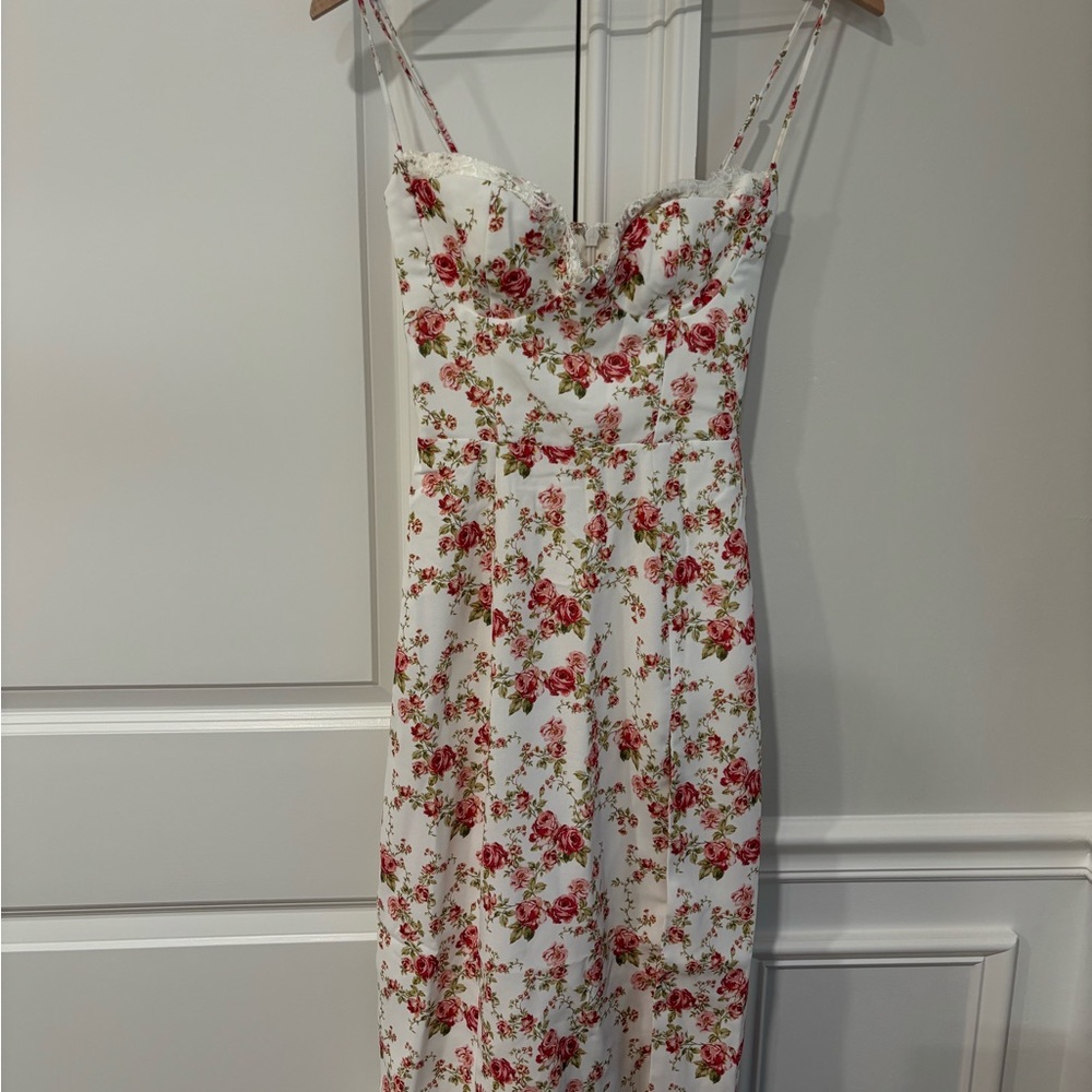 House of CB White and Pink Floral Midi Dress with Slit